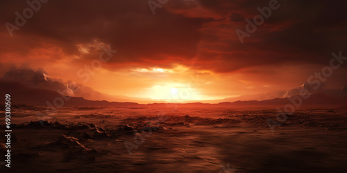 Epic barren wasteland landscape, shimmering red sun through dark clouds