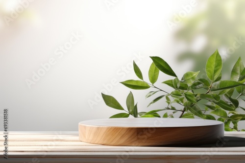 A wooden plate with a plant is placed on a table. This image can be used to depict nature, interior design, or home decor