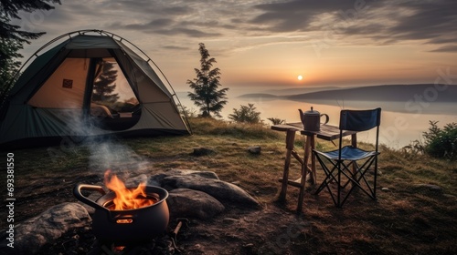 Coffee pot on camping fire, tent, folding chair table. Morning mist view background of campfire. photo