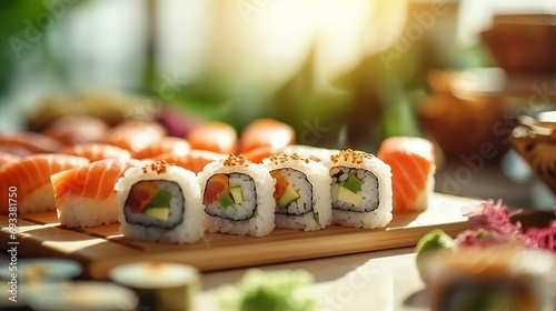 Delicious gourmet sushi in maki rolls and california rolls form photo