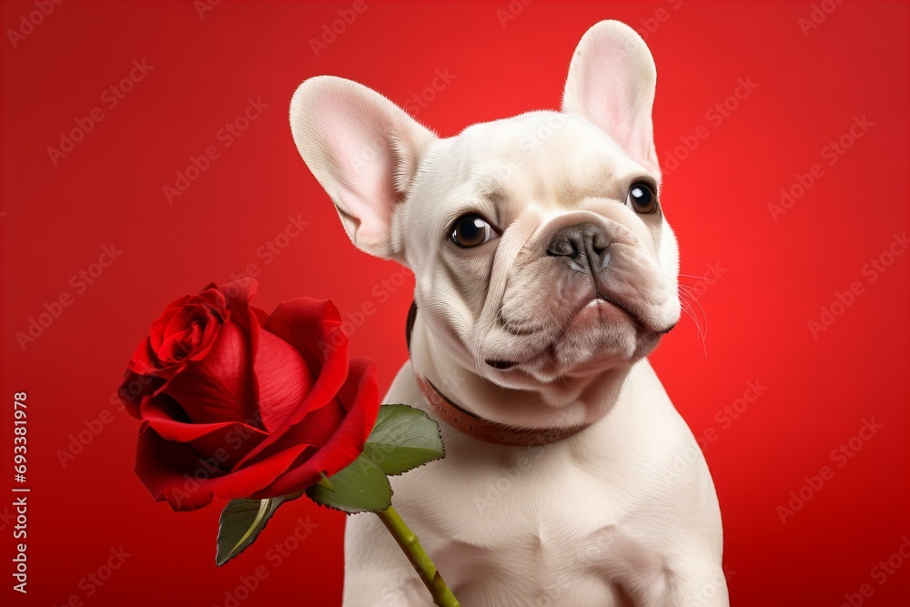 Valentines Day card with white French bulldog with a beautiful red rose on a red background