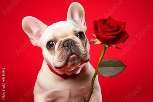 Valentines Day card with white French bulldog with a beautiful red rose on a red background © World of AI