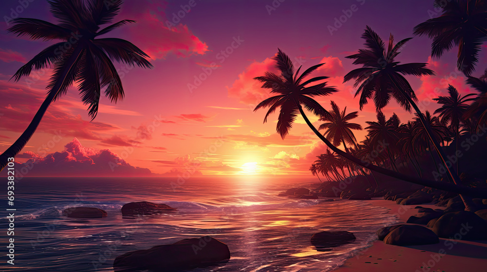 tropical sunset with sea and beach view, wide background image, holiday concept