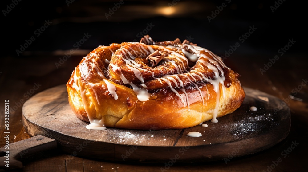 Close-up of Freshly baked Homemade Cinnamon Roll with sweet glaze on wooden platter. Blurred bokeh background. Close-up of Freshly baked Homemade Cinnamon Roll with sweet glaze on wooden platter. Blurred bokeh background.