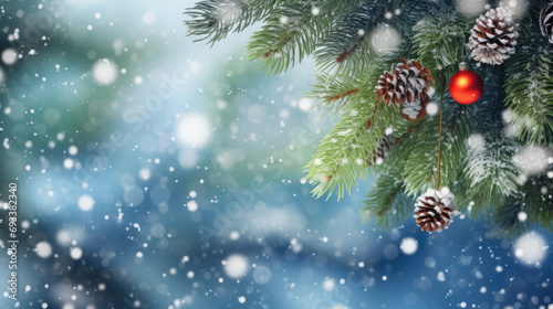 Winter Christmas Background  Snowy Pine Tree with Festive Decorations and Baubles