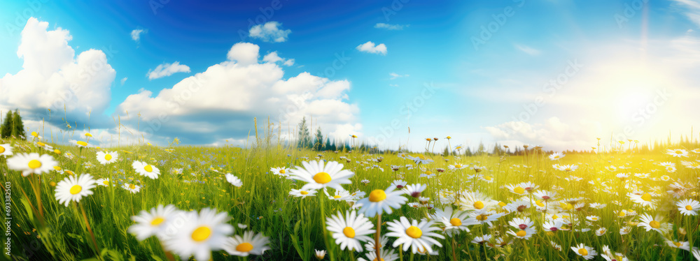 Sunlit Daisy Field: A Lush Springtime Landscape, Wide Background