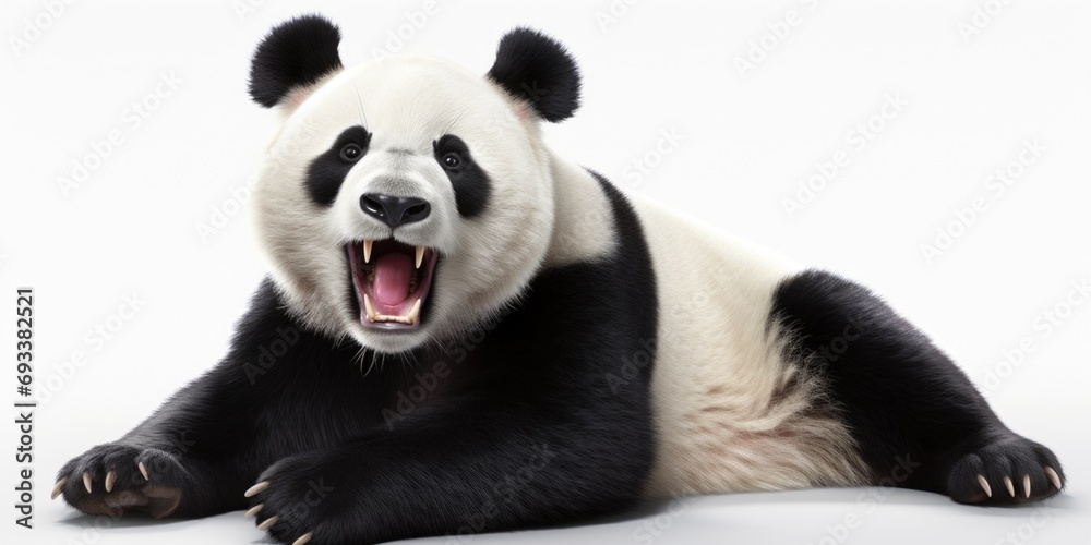 Naklejka premium A black and white panda is seen laying down with its mouth open. This image can be used to depict relaxation or wildlife photography