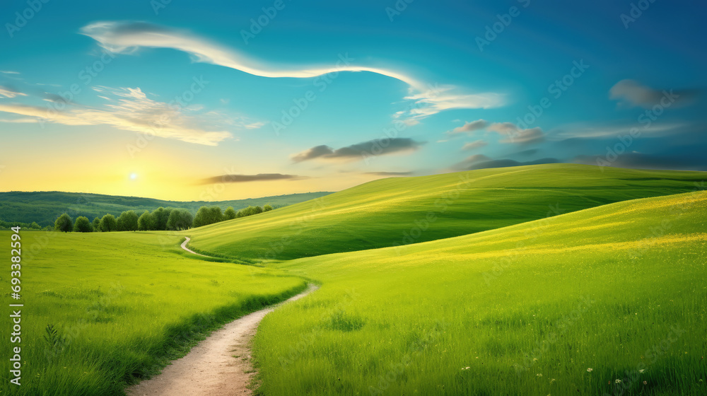 landscape with green grass and mountains background