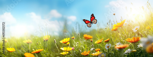 Summer meadow with flowers and butterflies in the background, wide shot