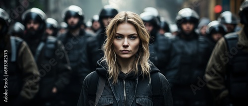 A determined young woman stands confidently in the foreground, with a phalanx of riot police blurred in the background. photo