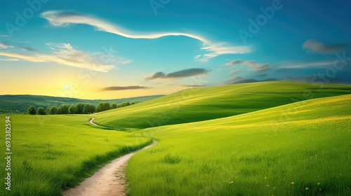 landscape with green grass and mountains background