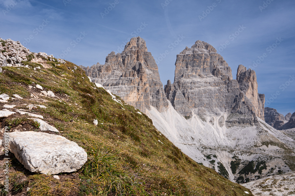 View of Tre Cime di Lavaredo (Drei Zinnen), Dolomites, Italy, Europe. 