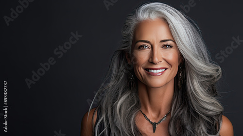 Beautiful adult black woman touch face with smooth healthy skin. Aging beautifully woman with curly gray hair and happy smiling. Beauty and cosmetics skincare advertising concept