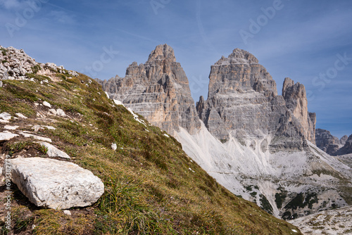 View of Tre Cime di Lavaredo (Drei Zinnen), Dolomites, Italy, Europe. 