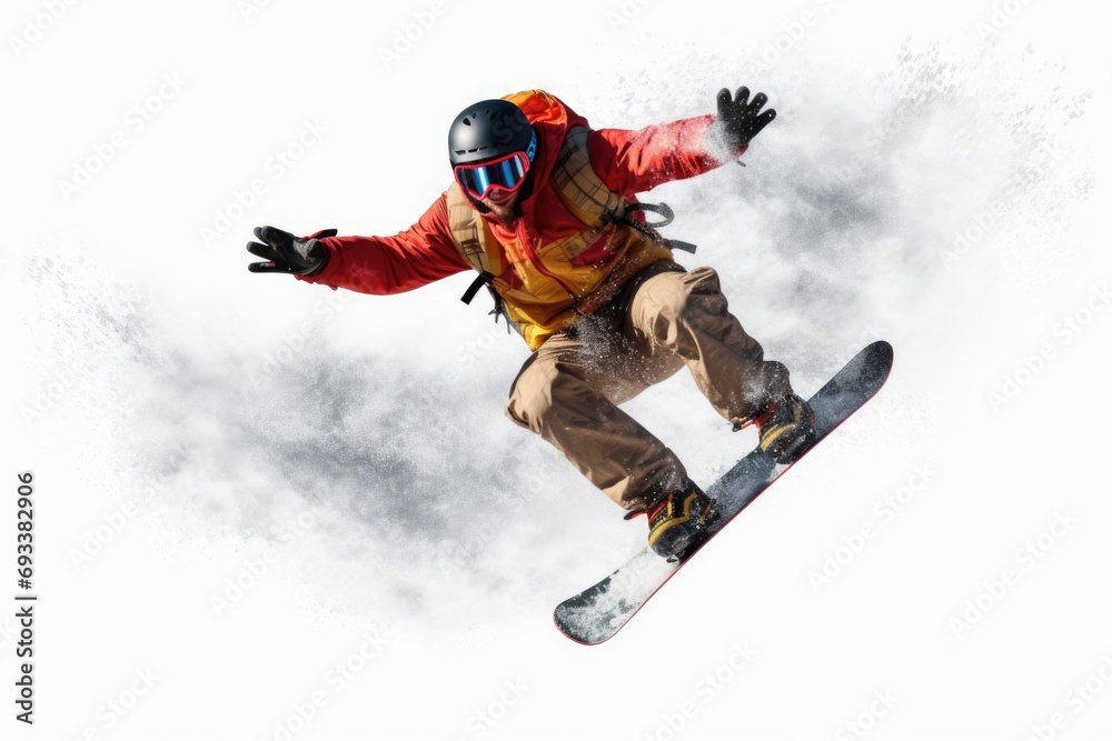 A man is pictured riding a snowboard down a snow-covered slope. This image can be used to depict winter sports and outdoor activities