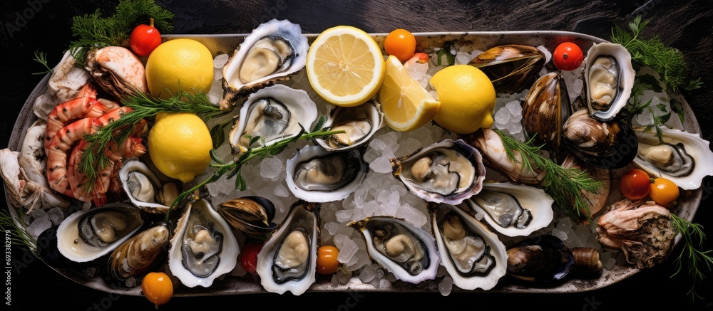Fototapeta premium Seafood platter with Venus verrucosa, oysters, and hairy mussels served alongside lemons. Puglia cuisine.