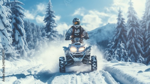 A person riding a snowmobile on a snowy road. Perfect for winter sports and outdoor adventure themes