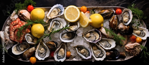Seafood platter with Venus verrucosa, oysters, and hairy mussels served alongside lemons. Puglia cuisine.