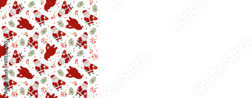 Santa Claus with a bag of gifts. Horizontal rectangular banner with a New Year's pattern for placing text.
