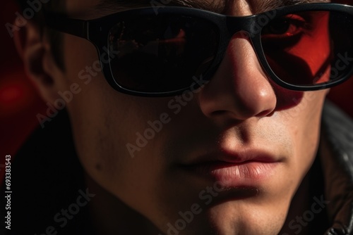 A close-up shot of a person wearing sunglasses. Suitable for fashion, summer, and lifestyle themes