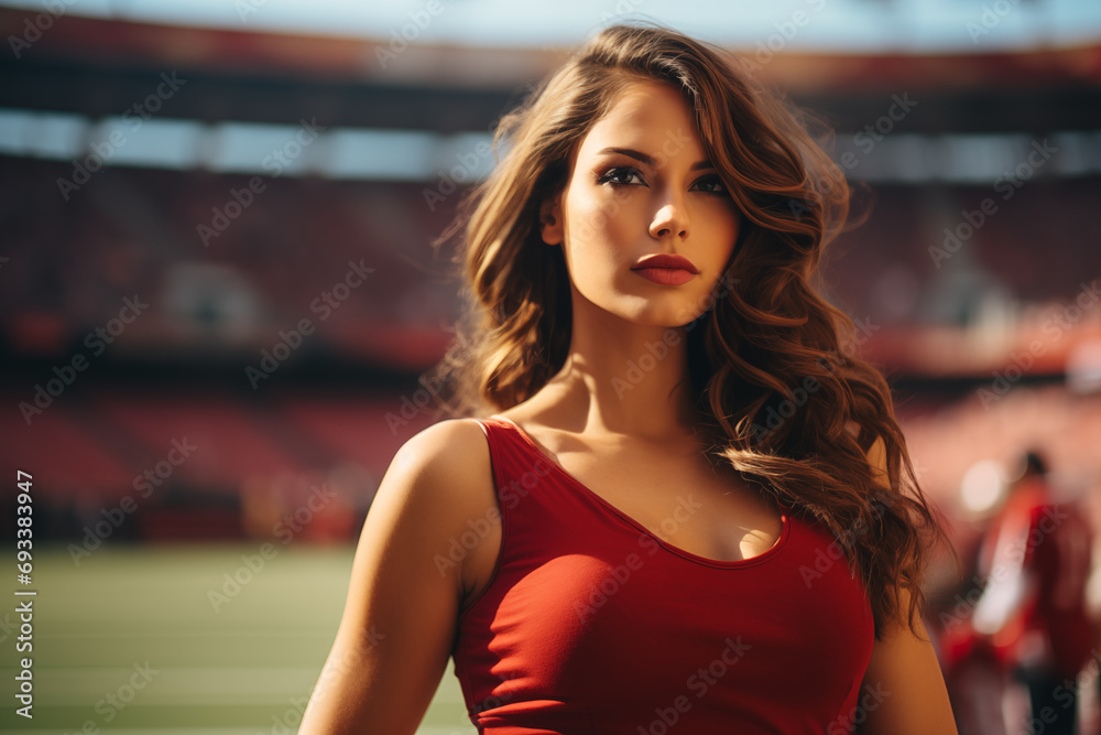 Woman in red at stadium background sports competition victory. Generative ai image