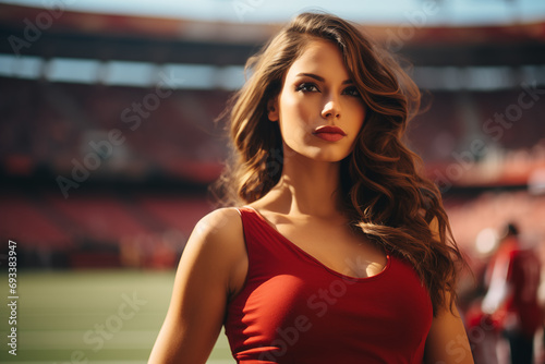 Woman in red at stadium background sports competition victory. Generative ai image © Mark K. Barry