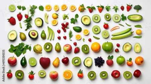 different fruits   flat lay  top view on white background.generative ai