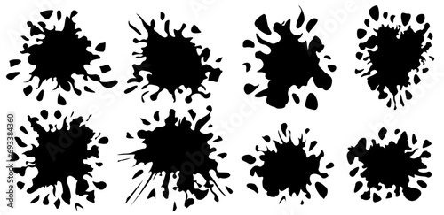 Big set of black watercolor paint brush texture. Abstract artistic ink splatter paint splatter, drops, dots, wet dye prints. Grunge water, spray drop spatter, blot splatters, silhouettes. Vector