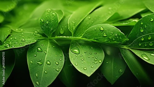 Natural background of green leaves with morning dew water drops photo