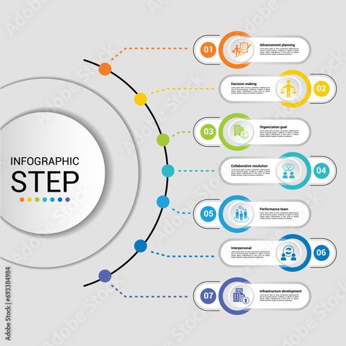 Infographics with Corporative Development theme icons, 10 steps. Such as advancement planning, decision making, organization goal, collaborative resolution and more.