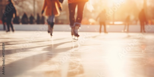 A group of people enjoying themselves while skating on an ice rink. This image can be used to depict winter activities or recreational sports photo