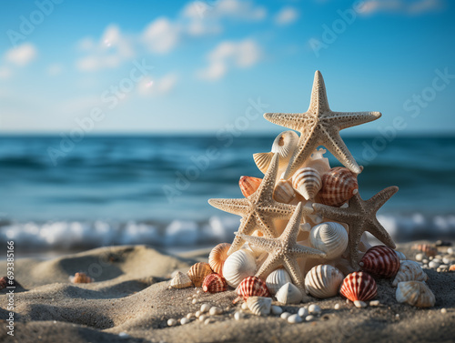 Beautiful seashell and starfish Christmas tree on the beach with clean sand with copy space. The concept of the new year in the tropics © UseeIvan