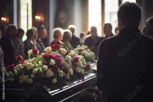 A solemn funeral service taking place in a church. Suitable for memorial or religious purposes