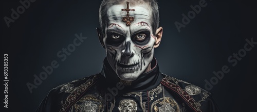 Zombie priest with skull face paint photo