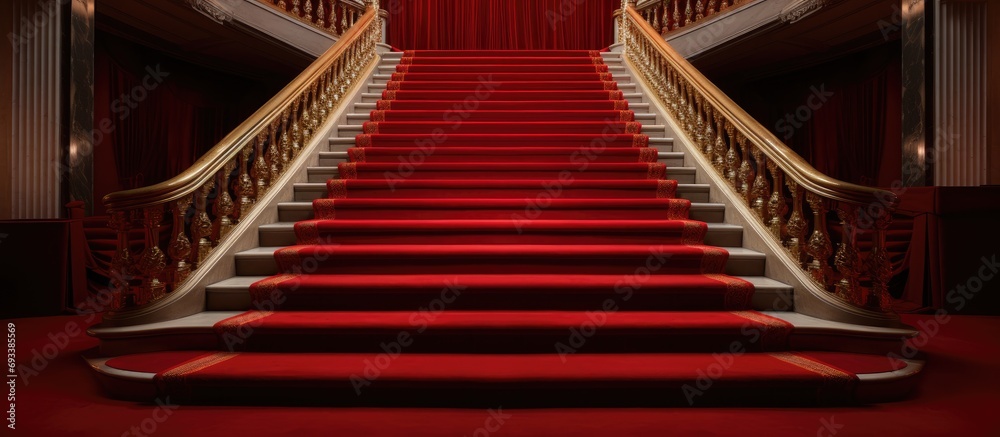Red carpeted main stairs. Red carpeted main stairs.