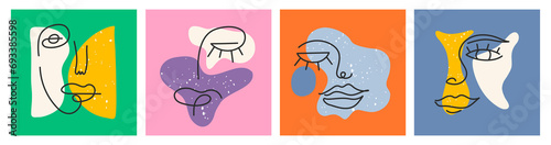 Retro posters in line art style. Big Set of Various Faces, abstract shapes. Ink painting style. Contemporary Hand drawn stock illustrations. Continuous line, minimalistic elegant concept. 