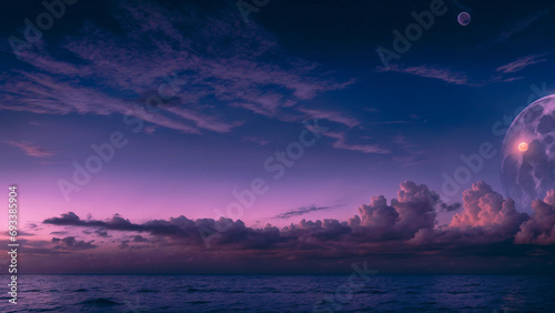 Colorful sky with clouds, bright full moon on seascape at night. Calm background. Generative AI. © Alena