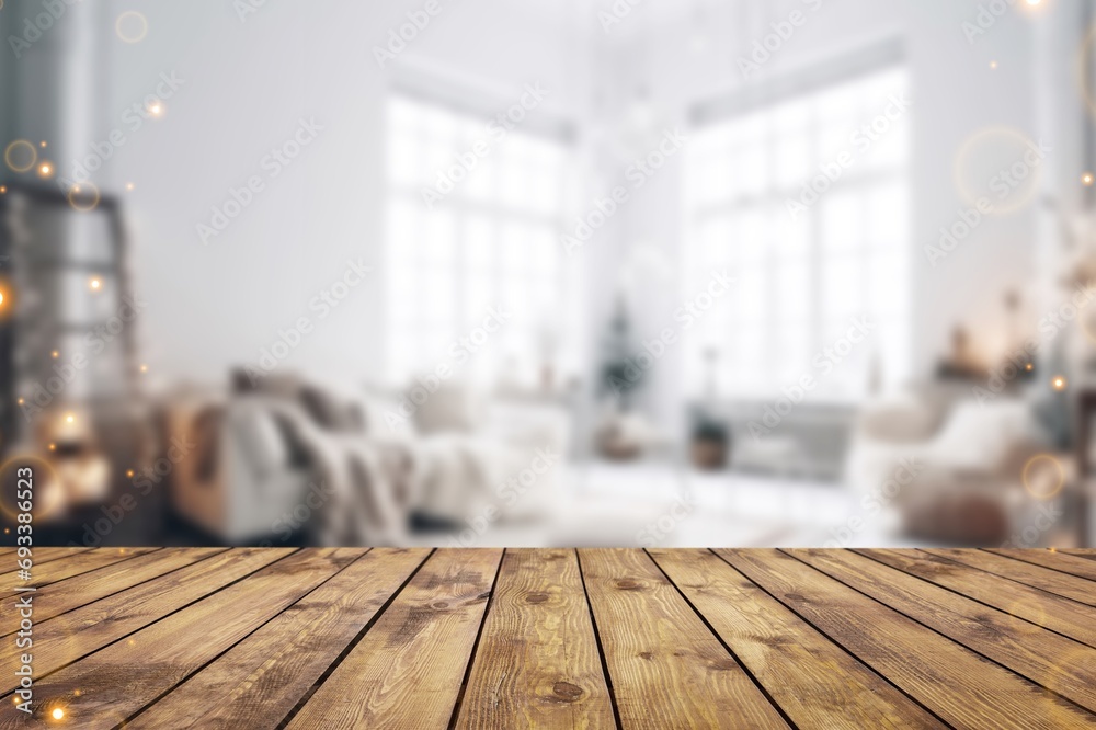 Glittering Christmas background with wooden table