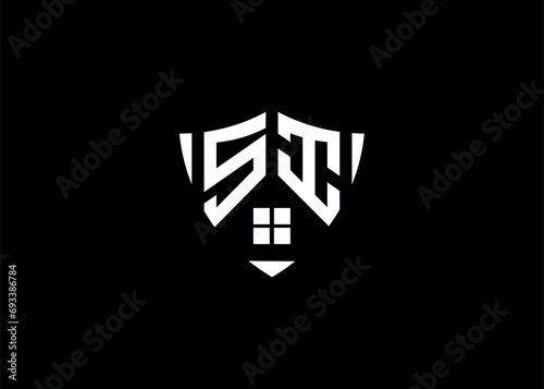 Real estate letter SI shield shape logo and house building vector template