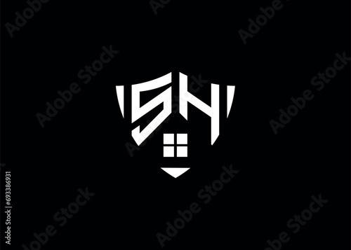 Real estate letter SH shield shape logo and house building vector template
