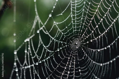 Detailed shot of a rain-soaked spider web