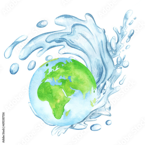 Earth day illustration with hand drawn watercolor planet. and abstract water splashes and world map. water drop and waves. For design, flyers, ecology