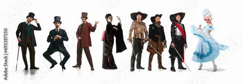 Collage made of different people wearing costumes of gentlemen, knights and warrior, geisha and medieval princess or queen over white background