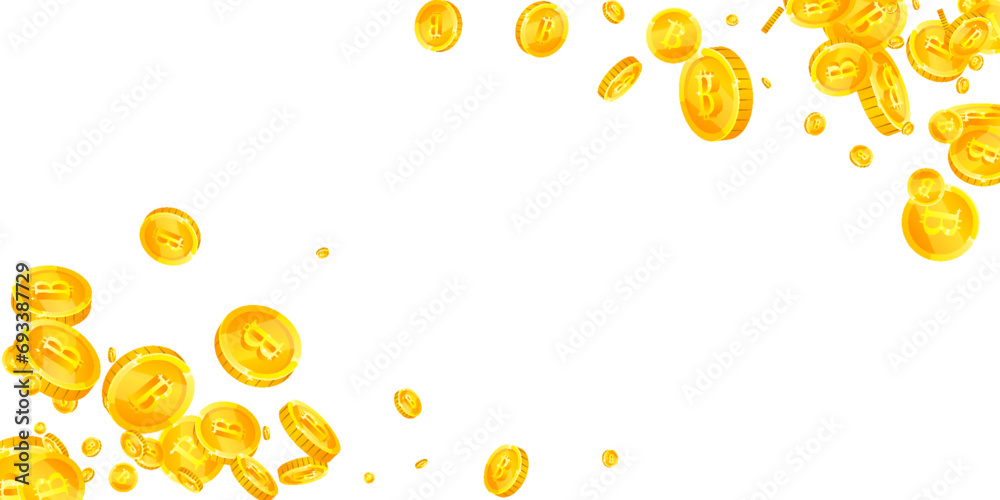 Bitcoin coins falling. Cryptocurrency scattered Bitcoin coins falling. Cryptocurrency scattered