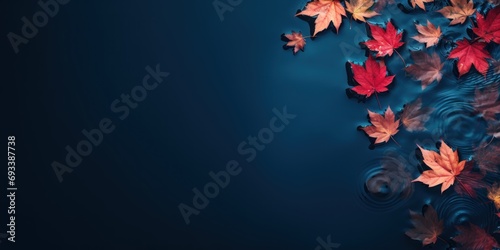 colorful fallen maple leaves in dark blue water. Autumn natural background. autumn atmosphere 