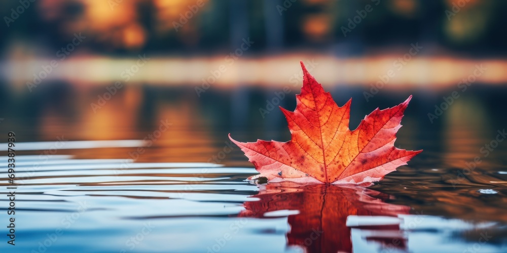 Painting: a red maple leaf falls on the autumn lake, macro photography