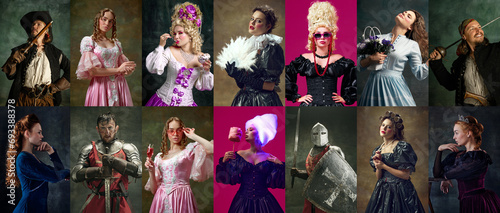 Collage made of portraits of medieval royal person, queen, princess, knight and pirate posing against dark vintage and pink background photo