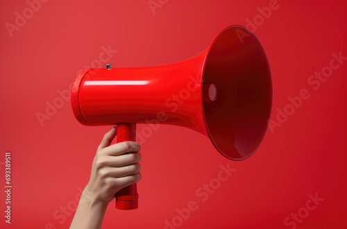 Hand holding megaphone over isolated red background.