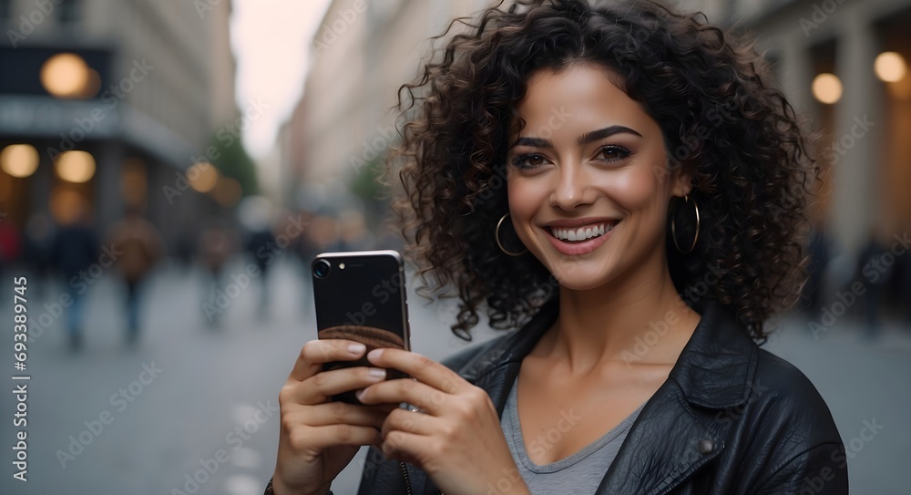 smiling woman with black curly hair holding a phone in her hand on a city street