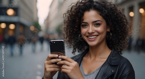 Obraz na płótnie smiling woman with black curly hair holding a phone in her hand on a city street
w salonie